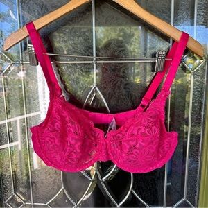 Wacoal 38D hot Pink 851166 Bra floral lace sheer adjustable bows all dressed up